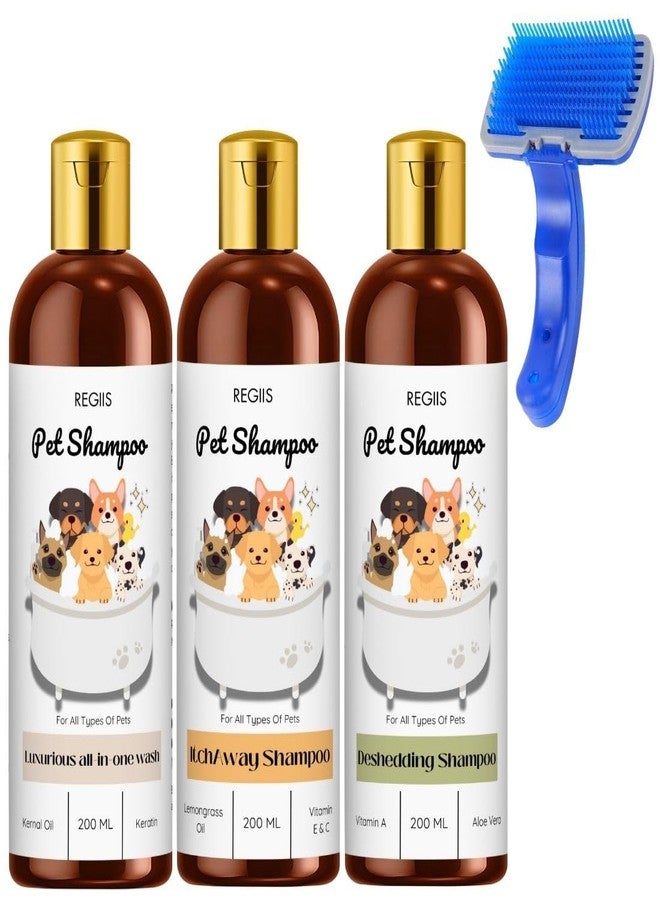 REGIIS Pet Shampoo Set with Brush, All-in-One Wash, Itch Away, Deshedding Formula, 200ml Each, 3 Pack with Grooming Tool(Pack of 4) - Image 1